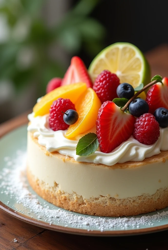 A white sesame cake with fruit on top spread with cesar with decorations 