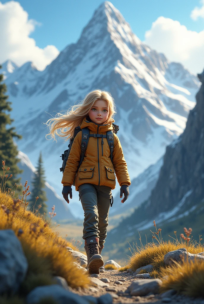 Young blond girl hiking in the mountains