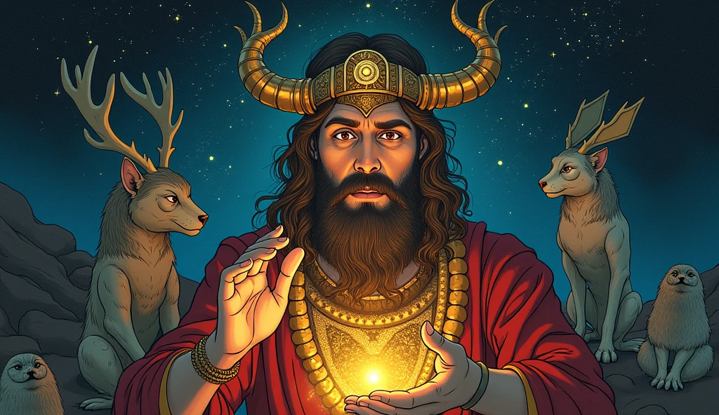A mystical illustration of Solomon with a magic ring, surrounded by mythical creatures and esoteric symbols. The background is a starry sky with visible constellations, creating a magical and intriguing atmosphere.