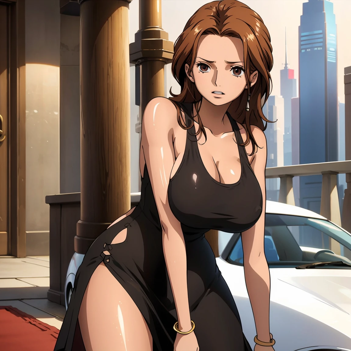 Hyper realistic, (solo), young, wearing, brown hair, beauty mark, big breasts, big waist, thick, beauty mark, sexy lips, wearing skimsbody dress, toned.