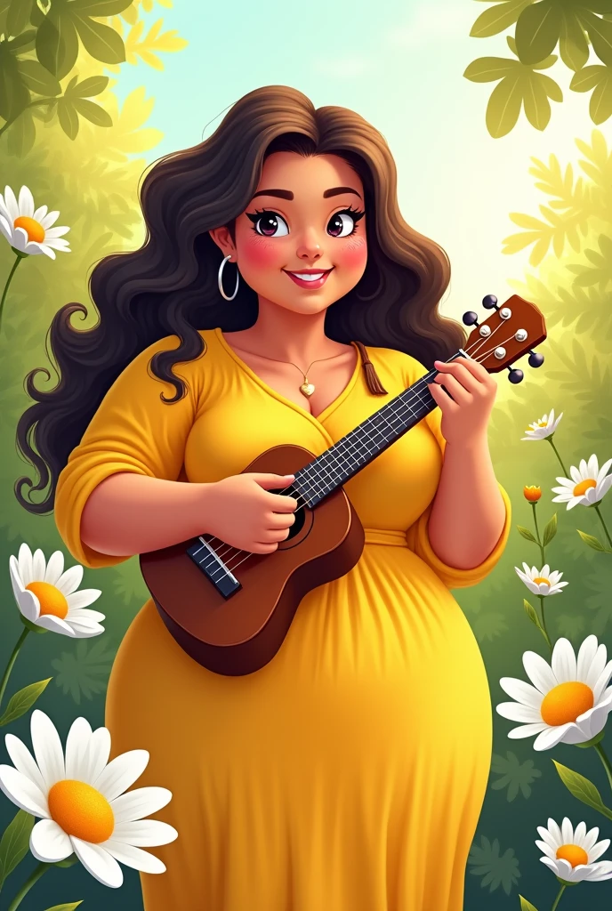 i want a chubby fatty very healthy girl cartoon who has very long most curly hair. she should wear a yellow dress and playing ukulele. the background should be with white and yellow daisy flowers. boobs should not be too visible and not too big. standing. full sleeve and neck should be cover fully. more fatty