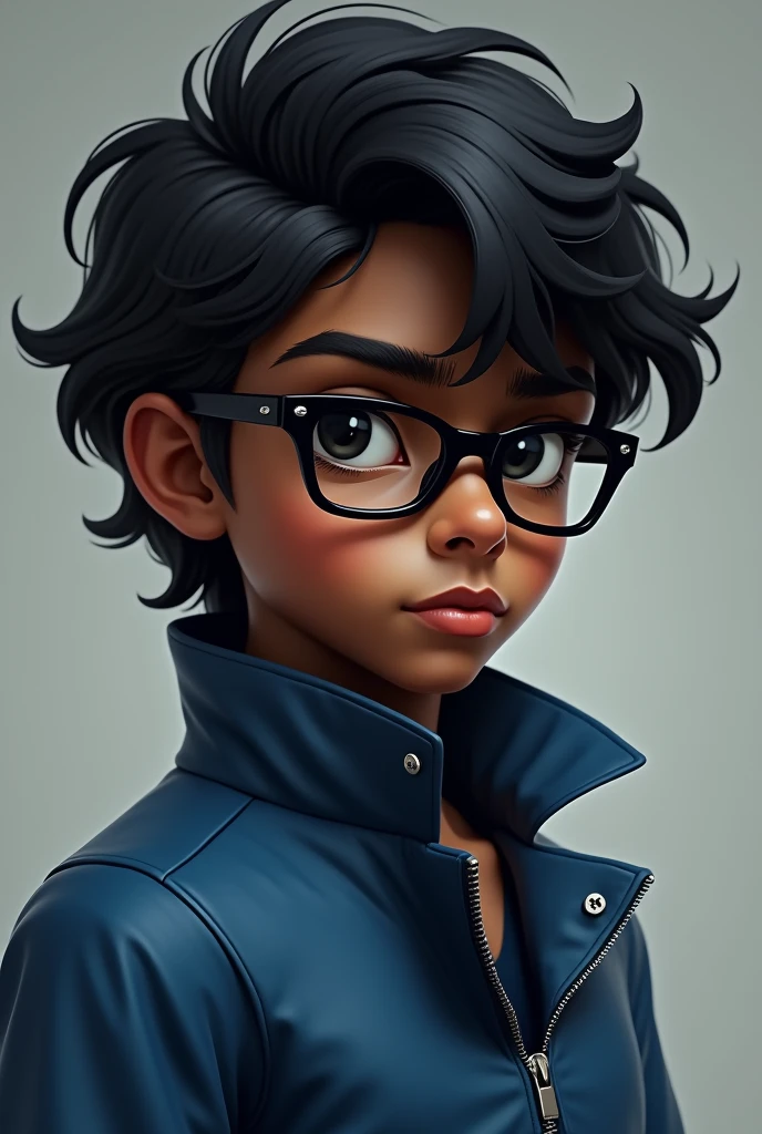 creates the image of a dark-skinned boy, Medium long hair, black eyes, moderately muscular, high, with a blue jacket, and somewhat fine but masculine features and no facial hair and who wears glasses