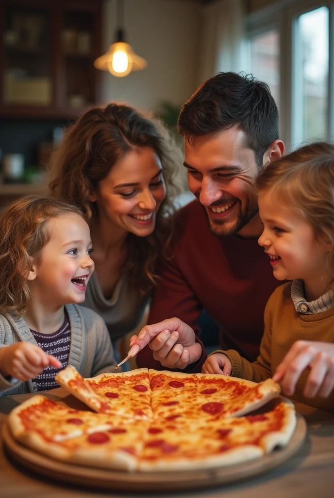 create an image of a happy family eating pizza with dad