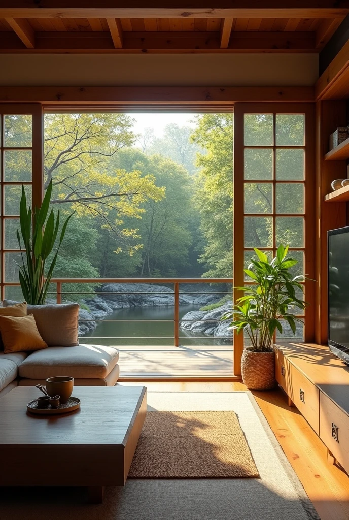 Living room overlooking a traditional Japanese garden,   some indoor plants, cozy house, morning, Zen style, Wooden interior, Realistic