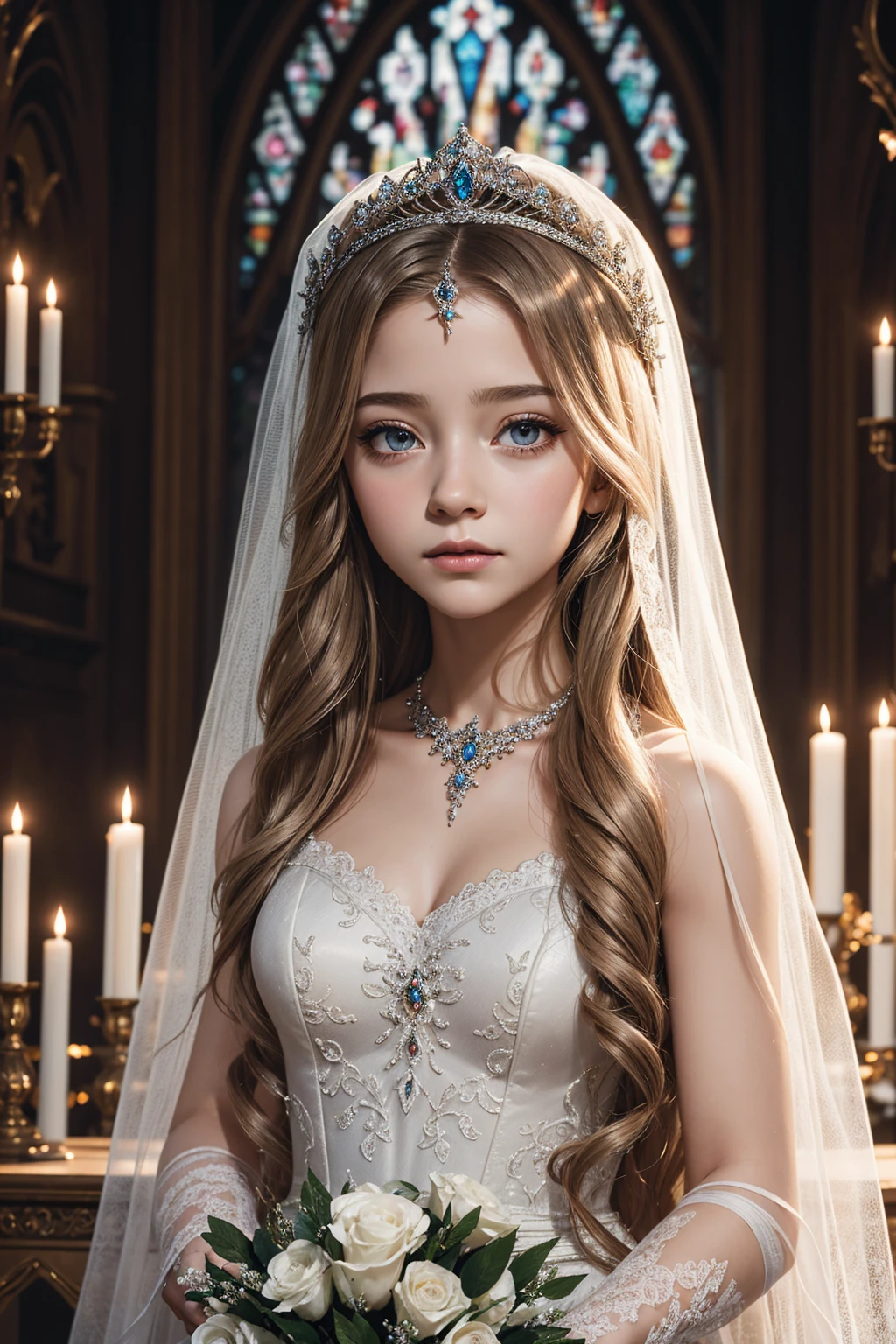 portrait Jackie Evancho, wearing veil bride tiara costume, against the background of the altar, character portrait, 6 3 9 0 s, curly hair, intricate, elegant, highly detailed, digital painting, artstation, concept art, smooth, sharp focus, illustration, art by wlop, charlie bowater and alexandra fomina, 36k, glittering, shining, correct anatomy