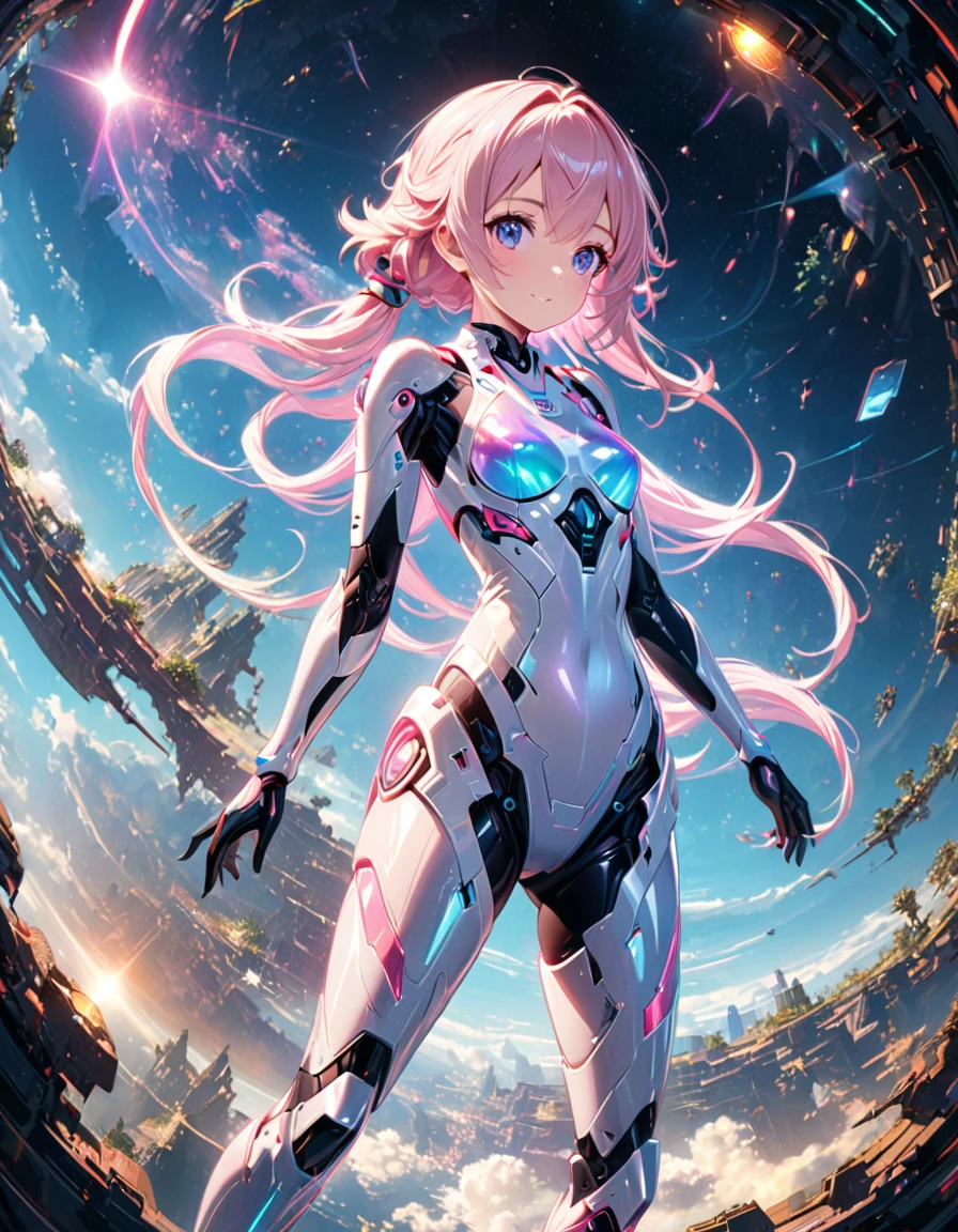 detailed textures, high quality, high resolution, high precision, realism, color correction, correct lighting settings, harmonious composition. Girl, whimsical sci-fi character design, young protagonist with bionic legs, floating in a kaleidoscopic space, iridescent lighting, sparkles and lens flares, surreal environment, anime aesthetics, hyper-detailed digital art --ar 3:4 --style raw --stylize 600 --niji 6