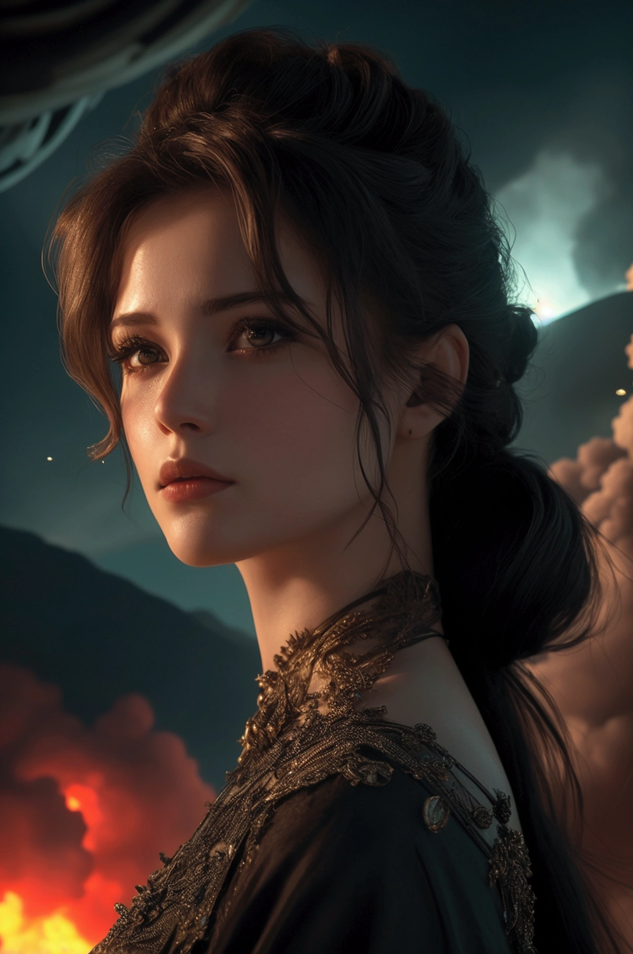 a beautiful woman in a tropical setting, looking in horror at a nuclear explosion in the background, (best quality,4k,8k,highres,masterpiece:1.2),ultra-detailed,(realistic,photorealistic,photo-realistic:1.37),stunning scenery,dramatic lighting,glowing explosion,detailed facial features,flowing hair,elegant dress,serene expression,cinematic composition