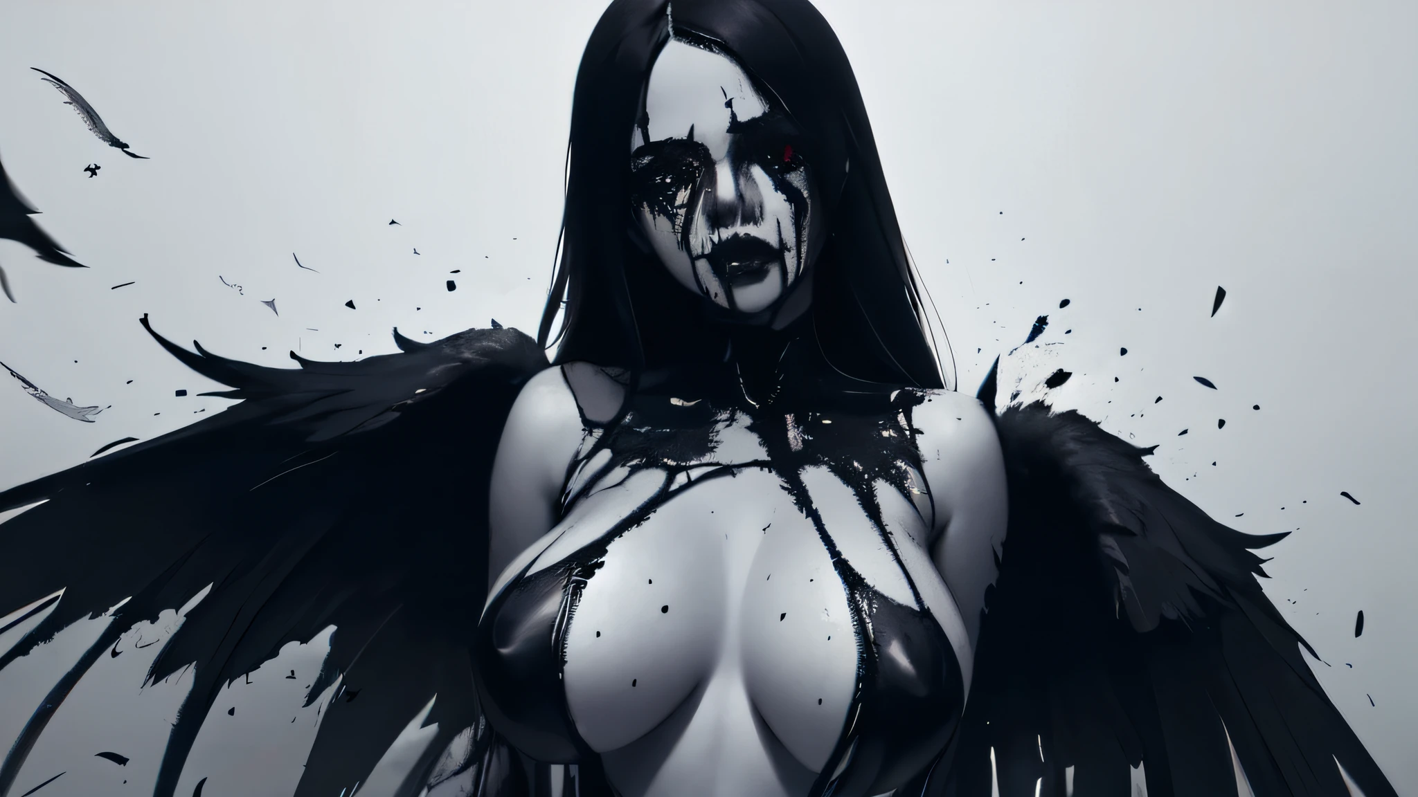bs, solo, simple background, monochrome, upper body, greyscale, bodysuit, black background, 1other, monster, arms at sides, horror (theme) there is a large-breasted woman in the picture with her arms torn off and her face bleeding, ravens flying in the background, stocking, hot lingerie, big boobies, red paint splatted on it