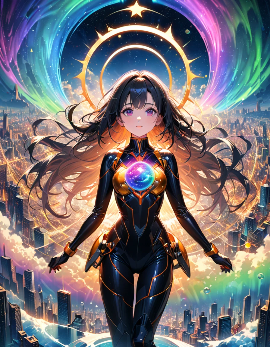 detailed textures, high quality, high resolution, high precision, realism, color correction, correct lighting settings, harmonious composition. There is a girl with graceful black hair. The universe behind her shines with rich colors, and the celestial sphere, colored with its dots, is the gateway to purgatory. She is clad in mechanical vestments, and a huge halo of aurora borealis floats on her back. The symmetrical composition is probably a remnant of mandalas. She is floating alone in the sky above a futuristic city.