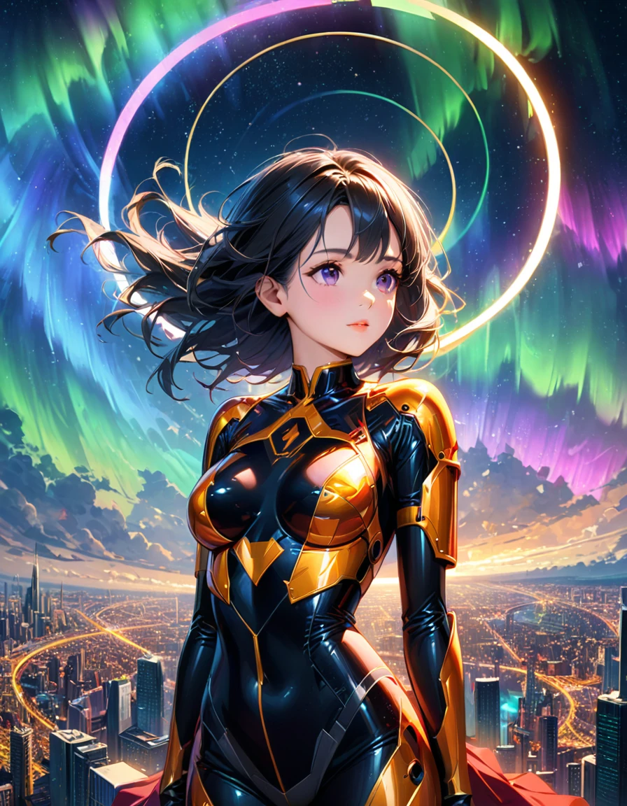 detailed textures, high quality, high resolution, high precision, realism, color correction, correct lighting settings, harmonious composition. There is a girl with graceful black hair. The universe behind her shines with rich colors, and the celestial sphere, colored with its dots, is the gateway to purgatory. She is clad in mechanical vestments, and a huge halo of aurora borealis floats on her back. The symmetrical composition is probably a remnant of mandalas. She is floating alone in the sky above a futuristic city.