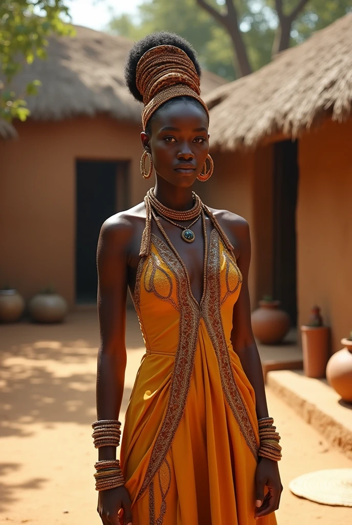 "Create a photorealistic image of a majestic African woman in her mid-20s, standing proudly in the courtyard of a traditional African village. Her smooth, dark skin radiates warmth under the natural sunlight. She wears a regal, floor-length gown in a deep, earthy shade of mustard gold, embellished with intricate hand-stitched patterns and traditional beadwork. Her hair is styled in an elaborate updo, crowned with a headdress made of woven fabric and adorned with handcrafted beads and cowrie shells, symbolizing her cultural heritage. She is adorned with traditional African jewelry, including a multi-strand beaded necklace, large hoop earrings, and intricately carved wooden bangles. The background features mud-brick huts with thatched roofs, woven mats, and clay pots, surrounded by native trees and plants. The lighting should emphasize her natural beauty and the vibrant, earthy tones of her attire, while capturing the authentic, culturally rich atmosphere of the village setting."

