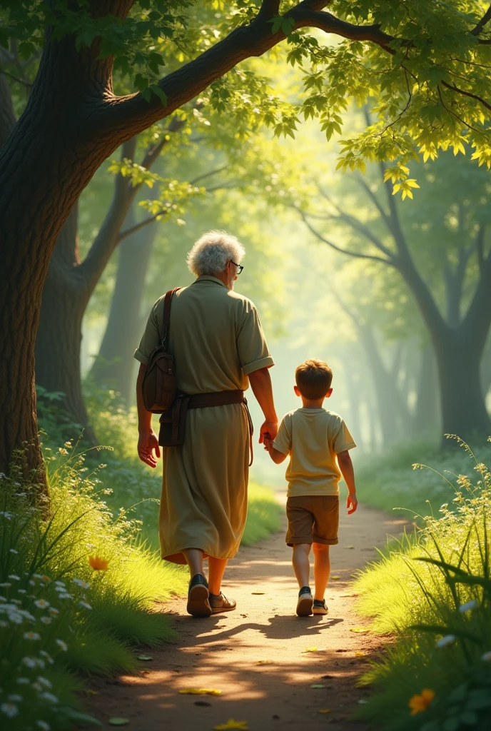 a scene of a father and son walking together on a path surrounded by trees, symbolizing guidance and family love