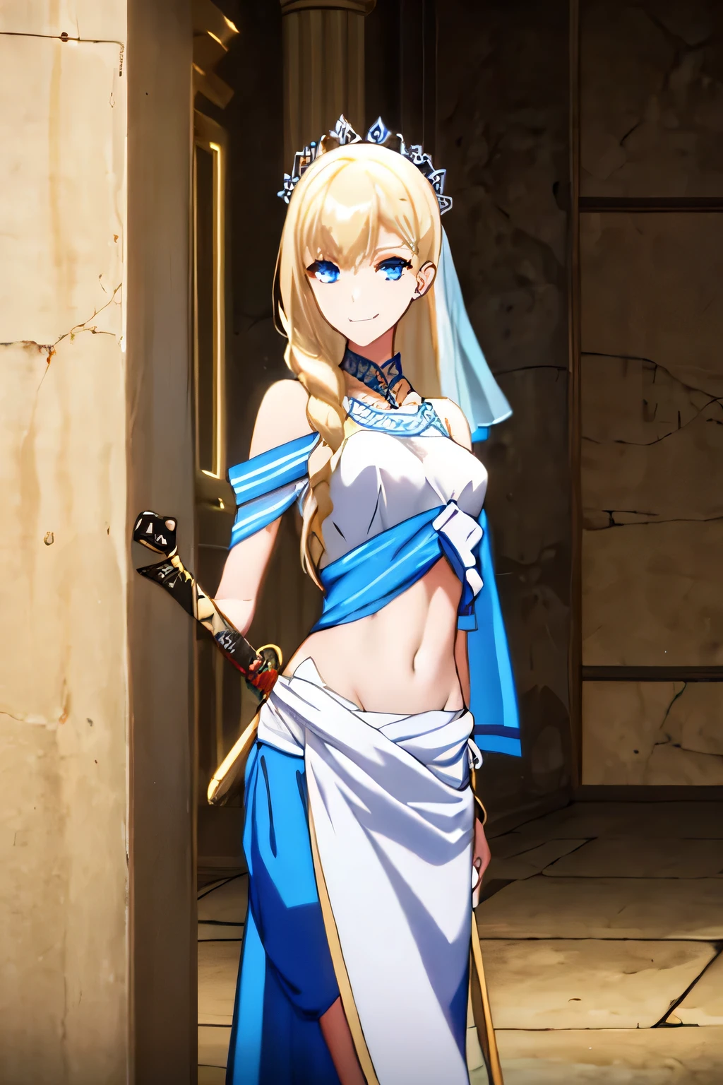  1 girl, blond hair, Blue eyes, ​masterpiece, best quality, very detailled ,glint,halterneck,Gold_neck ribbon, complex detailed background,
indoor, Stone wall, ancient interior, Ancient Egyptian Room, hieroglyphics, dark lighting, dark atmosphere, (Cowboy-shot), holding a Sword, Sword, abdomen_chain,harem_Outfit,navel, necklace,
Pool-_Curtain,revealing_attire, veil，​masterpiece,best quality,1 girl,tires,evil smile, smile,
feminine,tires,necklace,While, (Not suitable for work) Not Safe for Work, exposed abdomen, exposed navel, exposed abdomen, exposed lower abdomen, navel piercing