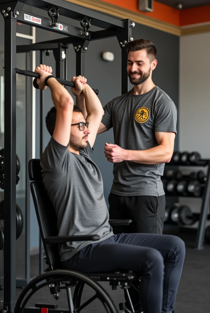 Make a personal trainer wearing a t-shirt with Jean Marinho on it teaching a wheelchair-bound student doing pull-ups.