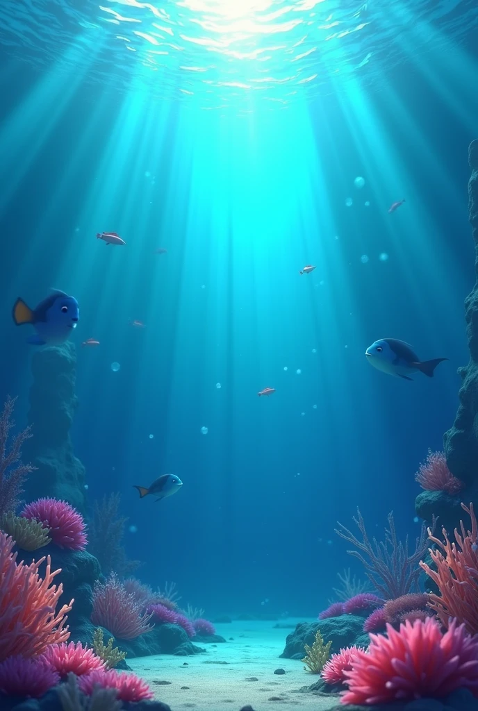 under the sea, above the sea, very clean water, animation, 3d pixar disney