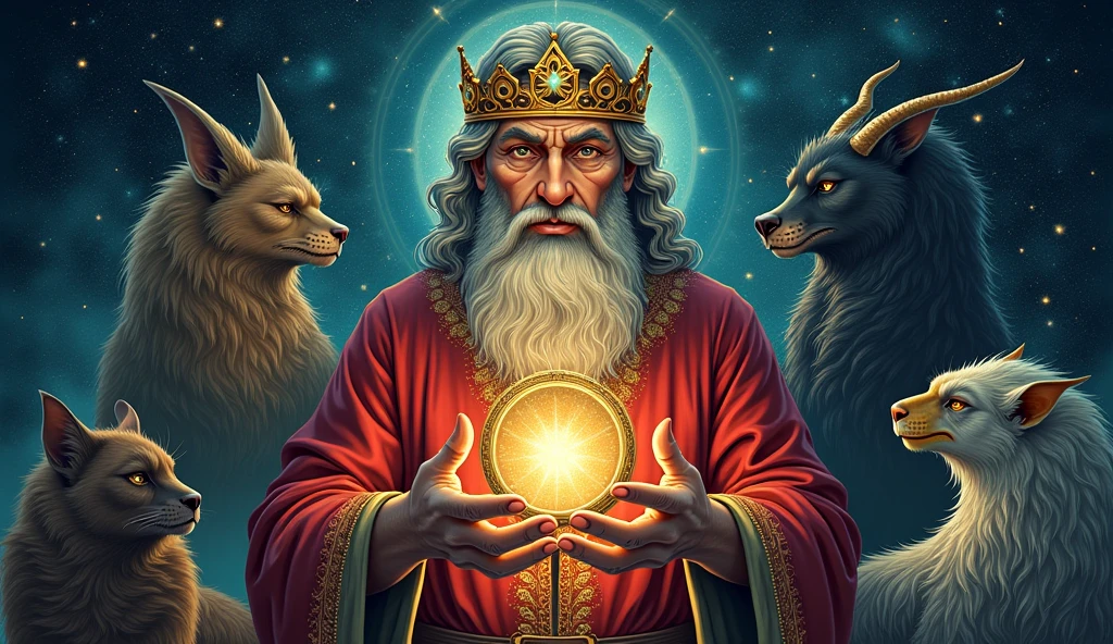 A mystical illustration of Solomon with a magic ring, surrounded by mythical creatures and esoteric symbols. The background is a starry sky with visible constellations, creating a magical and intriguing atmosphere.