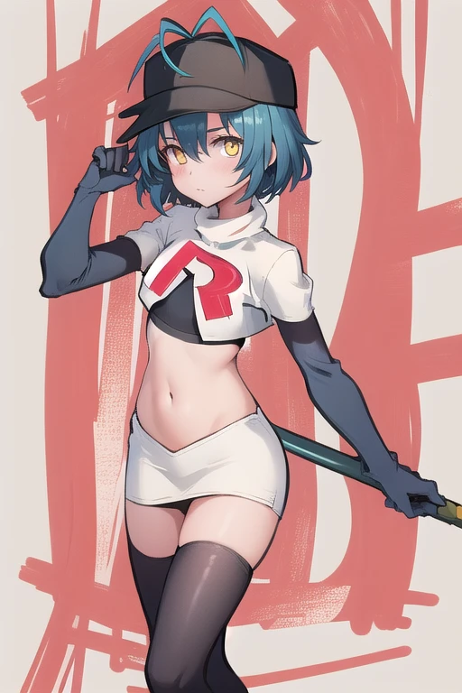best quality, (masterpiece:1.2), illustration, absurdres, (1girl), (beautiful detailed girl),
Millium Orion, blue hair, short hair, antenna hair, ahoge, yellow eyes,  flat chest,
black hat, headwear,
team rocket,team rocket uniform,white skirt,red letter R,crop top,black thigh-highs,black elbow gloves, 
looking at viewer,