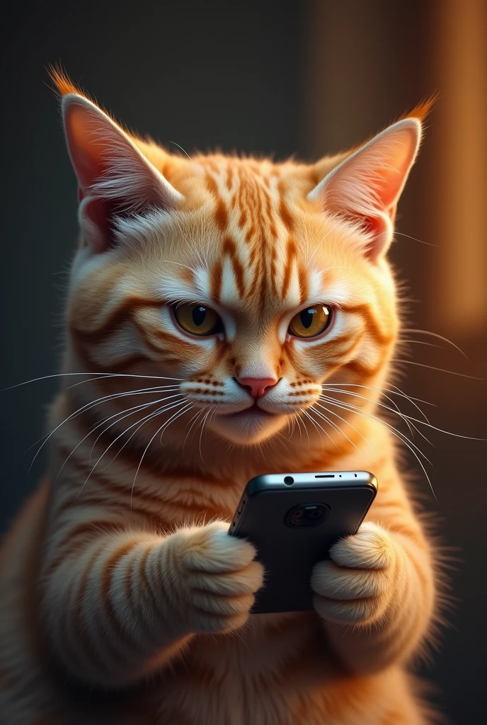 Angry cat with cell phone in hand
