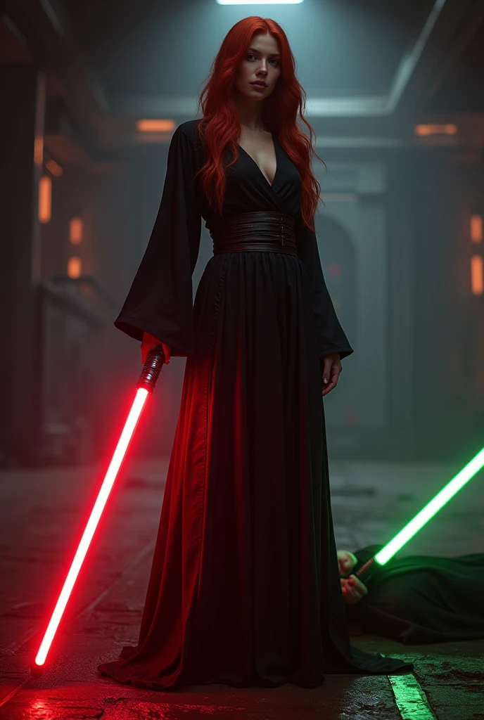 (full body shot:1) photorealistic image of a (standing pose:1) ultrarealistic, photography, long red hair, woman, 24 years old, hourglass figure, perfect body, seductive look, natural medium breasts, blur background, in complete darkness, she is wearing a sith robe, she is holding a red lightsaber, the lightsaber is the only lightsource, on a dark spacestation, a defeated jedi is lying on the ground with a green lightsaber next to him