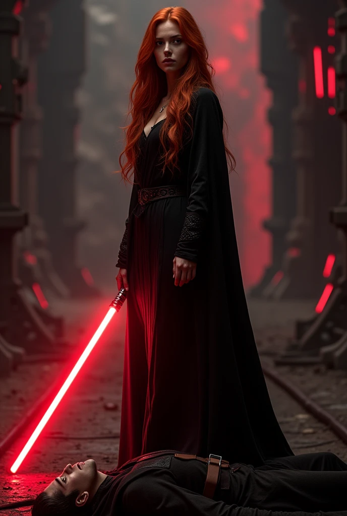 (full body shot:1) photorealistic image of a (standing pose:1) ultrarealistic, photography, long red hair, woman, 24 years old, hourglass figure, perfect body, seductive look, natural medium breasts, blur background, in complete darkness, she is wearing a sith robe, she is holding a red lightsaber, the lightsaber is the only lightsource, on a dark spacestation, a defeated jedi is lying on the ground with a green lightsaber next to him