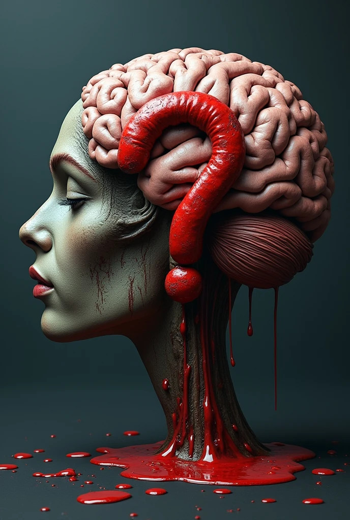 A bleeding brain with a big question mark in the middle of its thoughts 