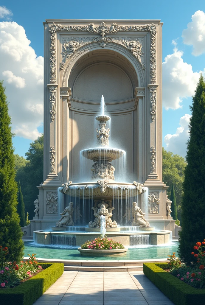 Beautiful big fountain with wall sculpture