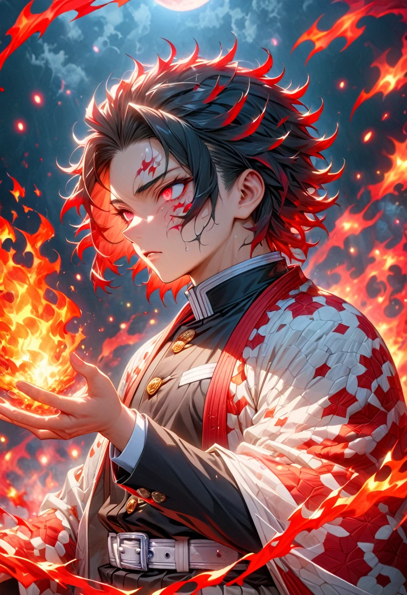 Super detailed, High resolution, Absurd, High resolution, masterpiece, Male demon exorcist, Medium size black hair, Expressive red eyes, A plain white haori with a flame pattern, Black Demon Slayer uniform, Kimetsu no Yaiba, Fantasy, good looking, Sexy man, alone, magic, shining red fireflies, Highest quality, Highly detailed face and eyes, fire, Red Moon