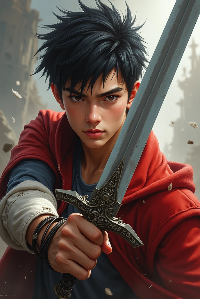 Generates a young 18 year old boy with a sword