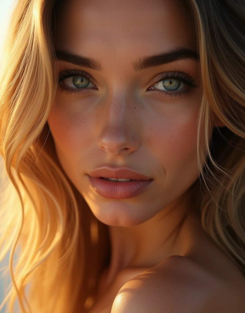 Ultra realistic portrait of beautiful An Italian model with a seductive charm and a penetrating gaze. Eye shape reminiscent of almonds plush lips symmetrical face Flowing golden locks beautiful body Delicate silver loops full eyebrows long eyelashes serene welcoming look looking at camera during golden hour