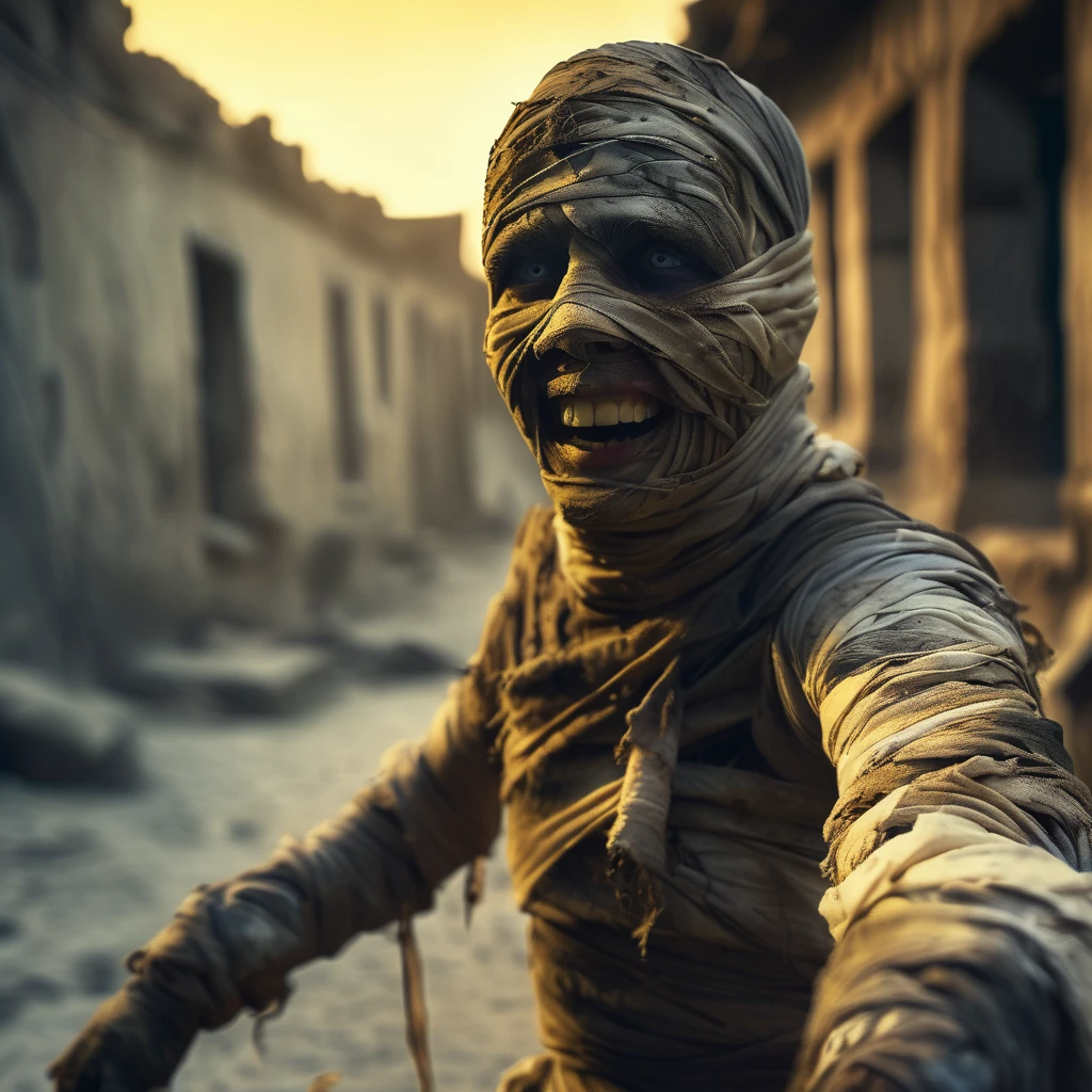 The mummy is wrapped in dirty bandages, looks motionless, grins, yellow teeth, scary look, horrors, mystical atmosphere.  The images are of the highest quality, high resolution, ultra-detailed. A post-apocalyptic atmosphere. Torn clothes, rusty metal. Cinematic effect, soft light, soft shadows.