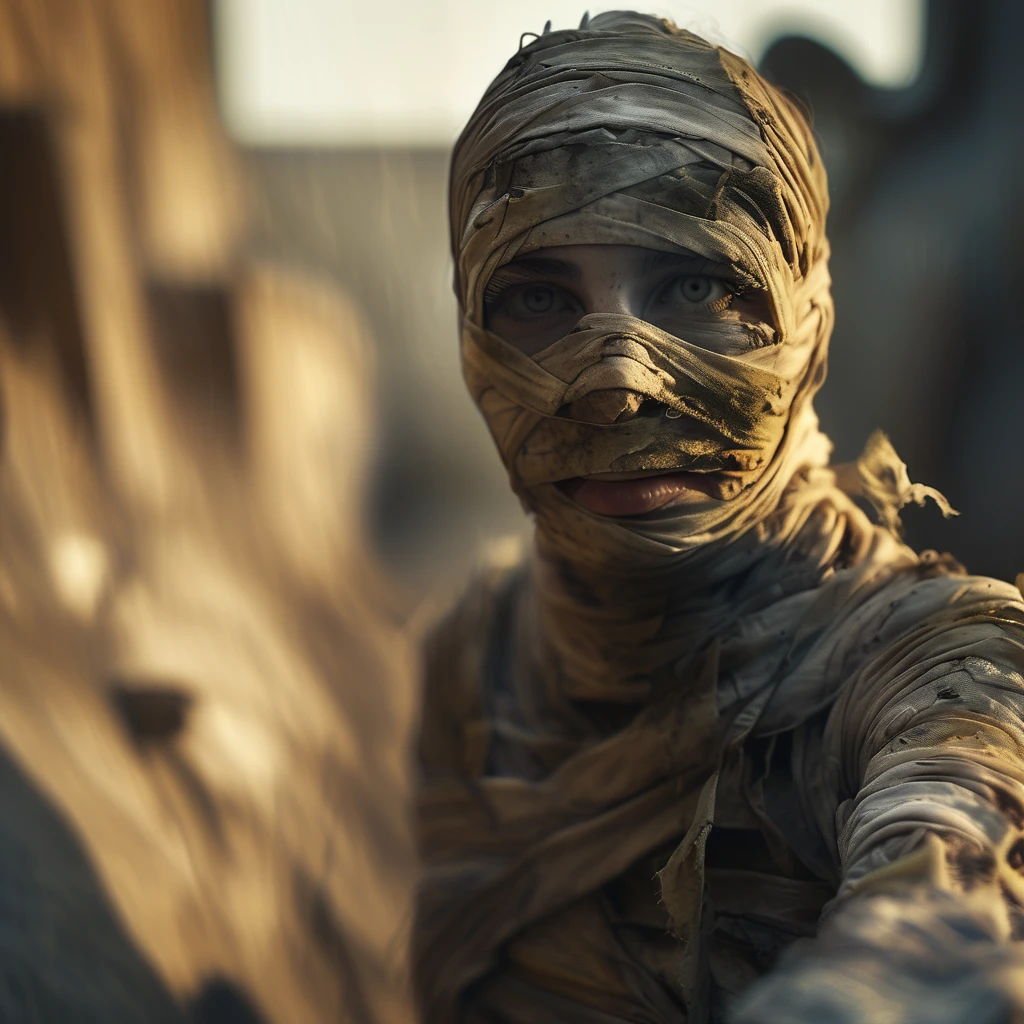 The mummy is wrapped in dirty bandages, looks motionless, grins, yellow teeth, scary look, horrors, mystical atmosphere.  The images are of the highest quality, high resolution, ultra-detailed. A post-apocalyptic atmosphere. Torn clothes, rusty metal. Cinematic effect, soft light, soft shadows.