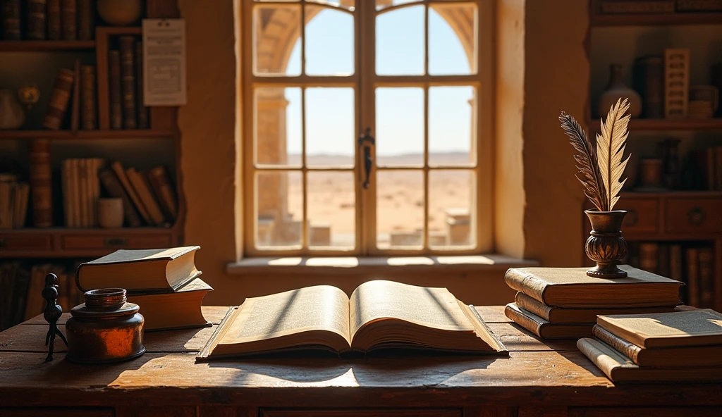 An antique work table with open books about Solomon, feathers and inkwells. Ao fundo, a window overlooking a desert, symbolizing the search for knowledge. Warm and earthy colors predominate.