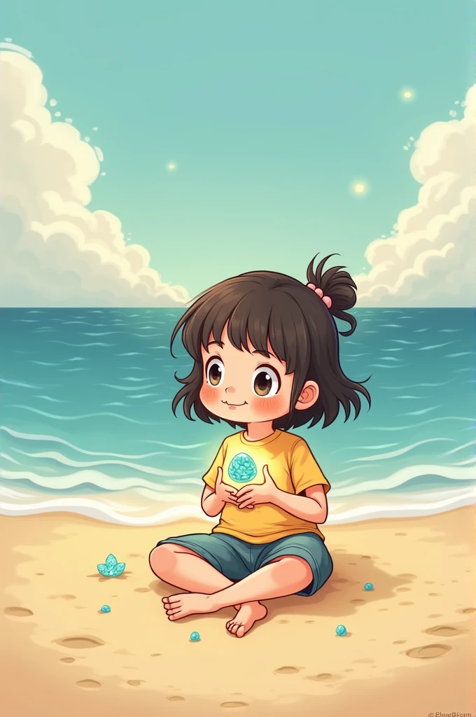 Uk cartoon style drawing about The girl sits on the sand and watches the horizon, holding the amulet and feeling the gentle wind. she smiles, knowing that, whenever you need, you will be able to communicate with the sea and that your connection with it is eternal.