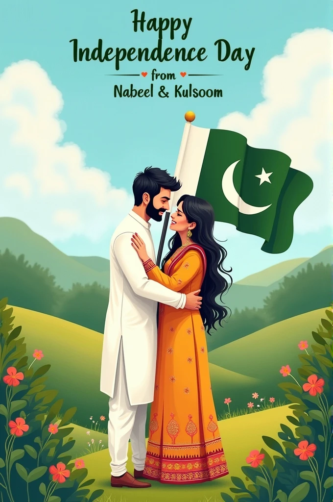 Generate a realistic  20 year old boy, wearing white T shirt and blue  jeans and sneakers and the name "Mateen Ansari" and written on his shirt back side and boy is Standing  on the road with holding Girlfriend and a national flag of Pakistan, and behind him is the Lahore. And written on sky"Indepandas Day" create realistic image.