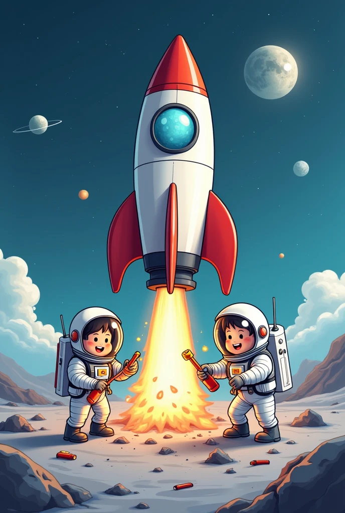 Create cartoon drawing of astronauts using tools to fix a rocket on the moon. They are positioned under the bodywork of the spacecraft, which emits smoke at some points.. In the background the sky with stars and planets. Are they happy.