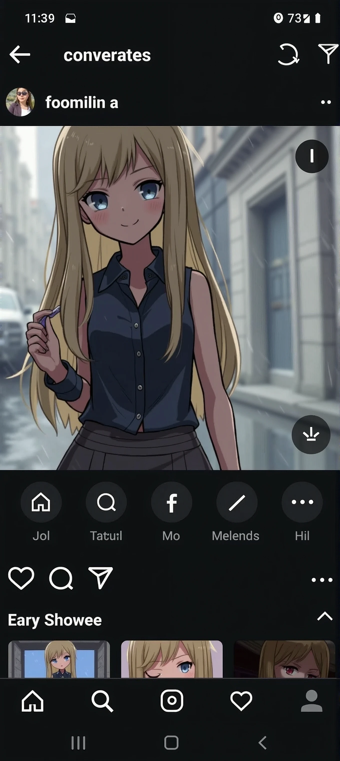(Best Quality, masterpiece), realistic and attractive face, Bright and detailed eyes, Detailed and well-lit skin, 1 girl, city street, Dark City, rainy, (outfit: 0.9), (Low tone: 0.9), posing sexy, blonde, holding a dildo, wearing a sleeveless shirt with (neckline: 0.9), simple matte skirt
