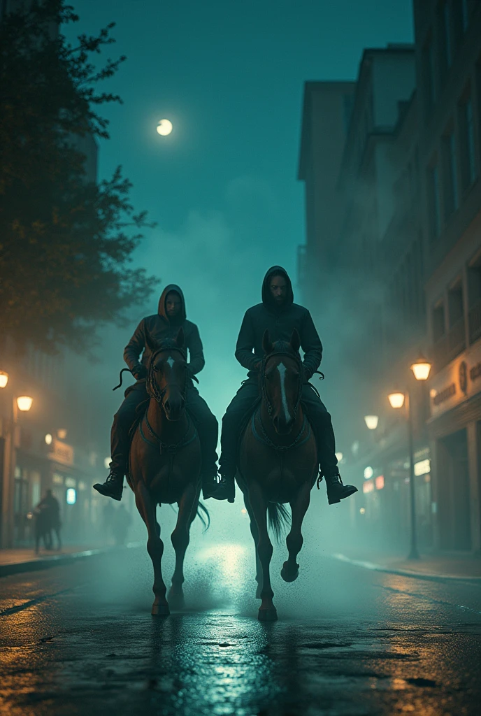  gallop together through the nights of Paraná. They run down the street, riding on headless horses together