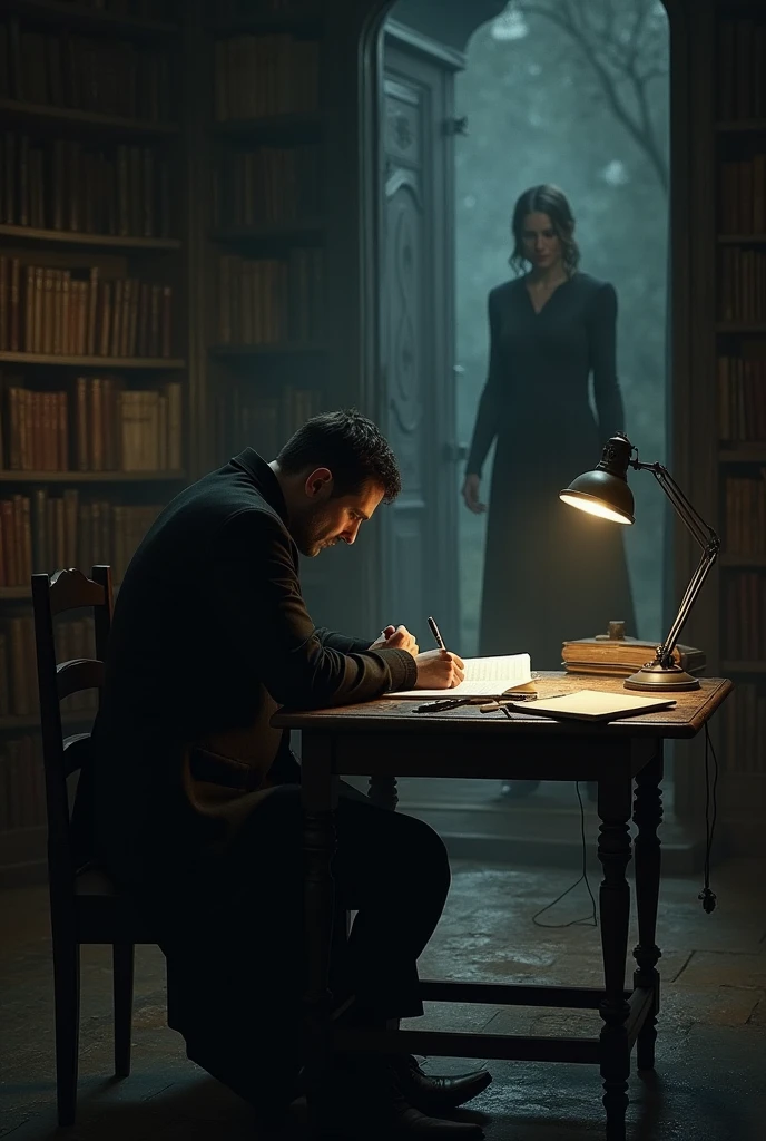 Dark room with a man at a table writing and a girl entering 