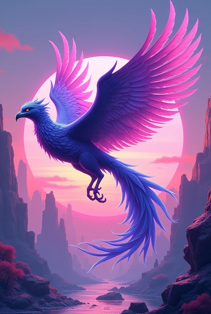 Purple phoenix flying in a retro vaporwave style setting