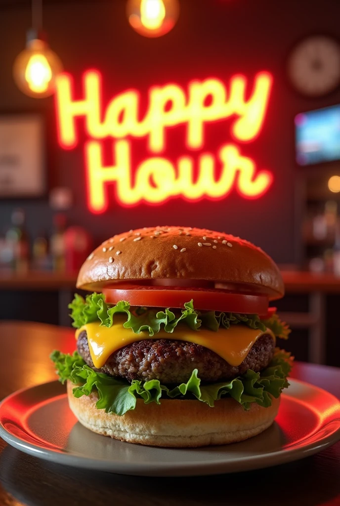 Simple burger with happy hour text , Monday to Friday from 6 pm to 8 pm