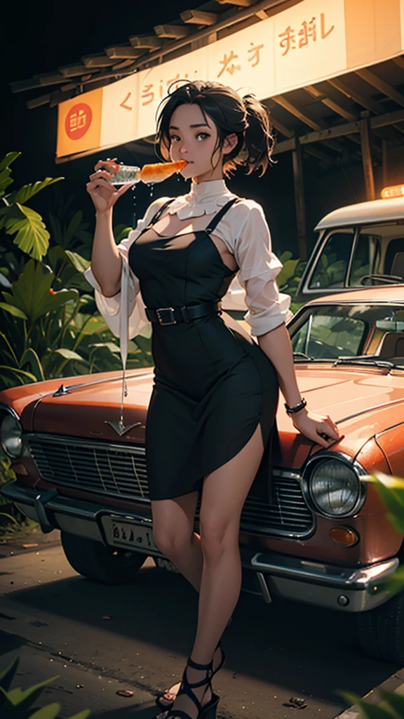 A young woman is camping on top of her feet, she is wearing that short sexy dress, or her hips are big, she is passing me water, she is carrying a lot of bags or liquor bottles, or she is eating a vintage car at night, she is passing me in the jungle.