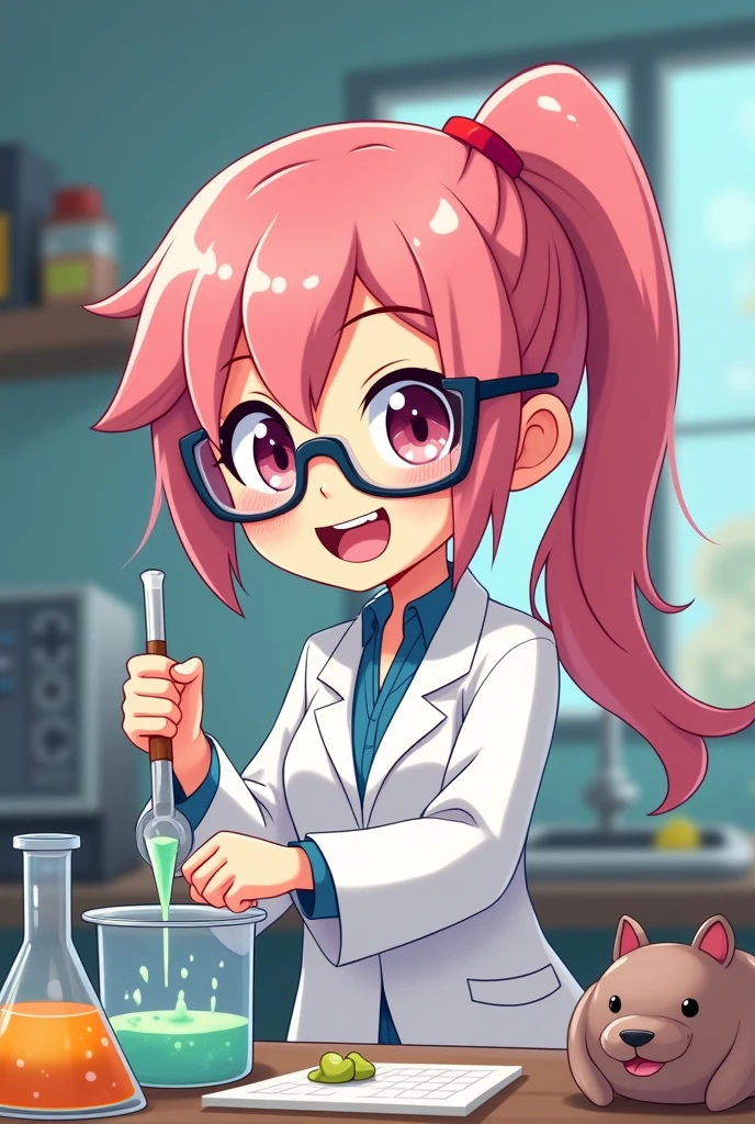 An animated cartoon style girl with a ponytail in her pink hair wearing glasses and a scientist outfit in a laboratory mixing things surrounded by animals