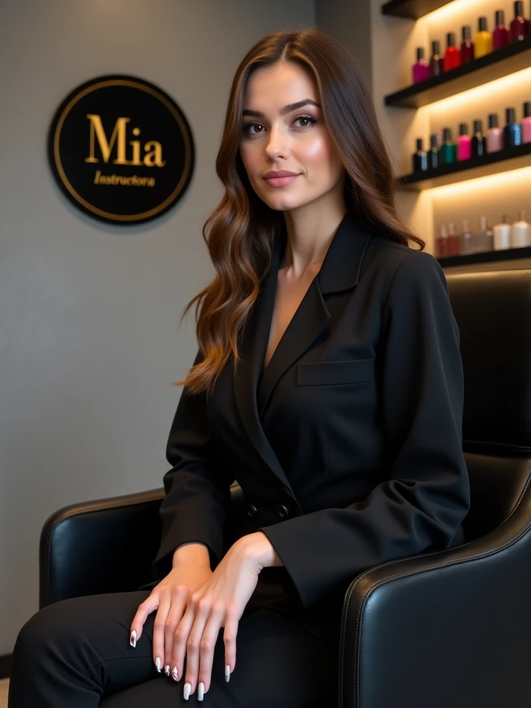 {
"size": "1024x1024",
"prompt": "A 23-year-old nail designer, elegant and sophisticated, sitting on an executive chair, facing the camera directly with a confident expression. She is wearing a black lab coat and has both hands placed gracefully on a table in front of her. Her nails are long, with stiletto-shaped extensions, and are beautifully painted. The background is a stylish salon room with shelves full of nail polishes in various colors. Behind her is a logo featuring a black circle with the word 'Mia' written inside in modern, elegant font. Next to the circle, the word 'Instrutora' is written in a golden hue. The overall ambiance is professional, chic, and reflects her expertise as an instructor."
}