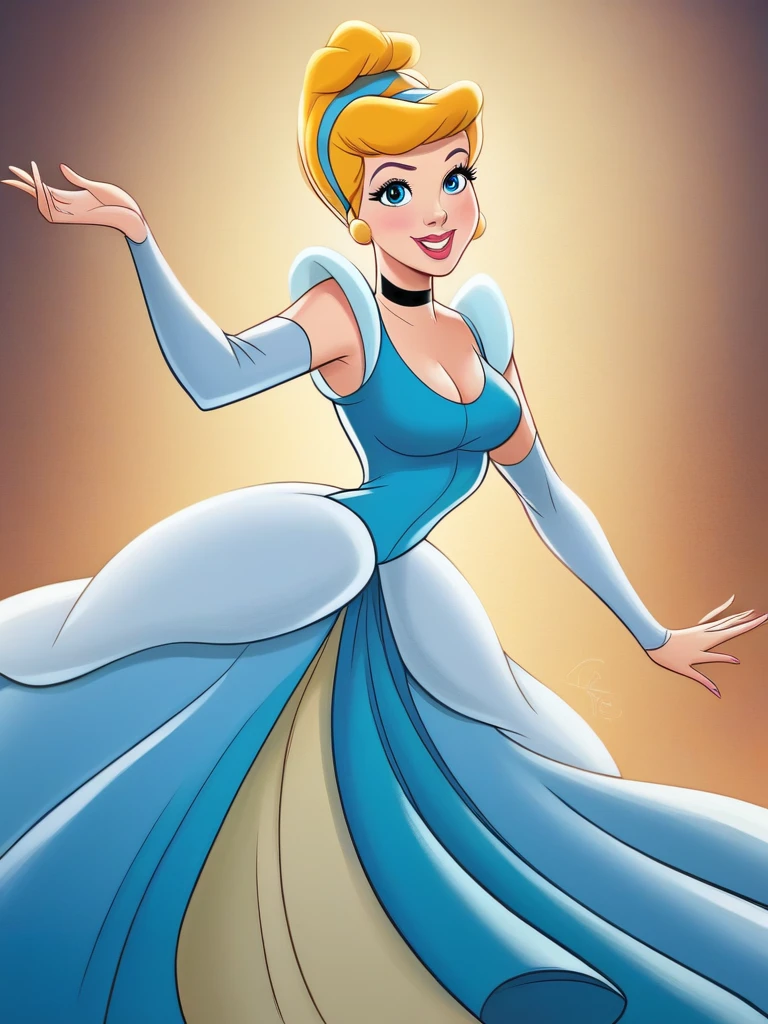 score_9, score_8_up, score_7_up, score_6_up, 1girl, hair bun, hairband, makeup, bare shoulders, blue dress, long skirt, princess, choker, cleavage, curvy, medium breasts, narrow waist, wide hips, thick thighs, looking at viewer, dynamic angle, cowboy shot, cartoon, dynamic pose, smile, cute, wide shot, in a ballroom, doing a curtsey,
CinderellaXLP