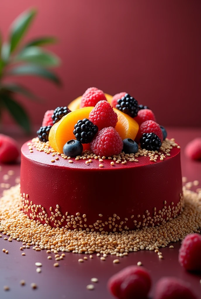 A red sesame cake with fruit on top, spread with sesame with decorations so that you can see the whole yorta with more sesame but around it 
