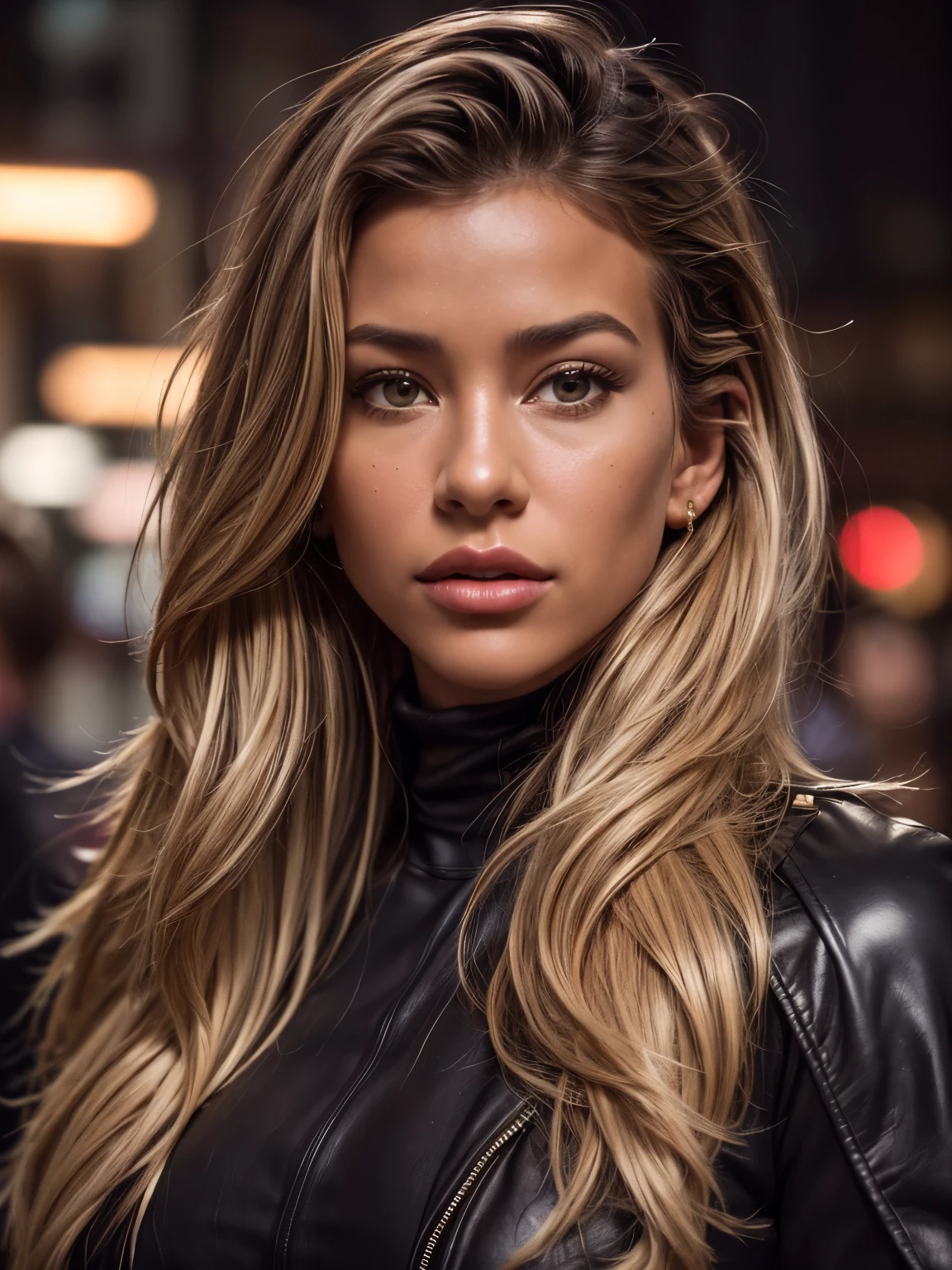photo of Cindy Prado, a woman as a movie star, modelshoot style, (extremely detailed CG unity 8k wallpaper), (closeup portrait:!.1), photo of the most beautiful artwork in the world, professional majestic oil painting by Ed Blinkey, Atey Ghailan, Studio Ghibli, by Jeremy Mann, Greg Manchess, Antonio Moro, trending on ArtStation, trending on CGSociety, Intricate, High Detail, Sharp focus, dramatic, photorealistic painting art by midjourney and greg rutkowski, (long brown coat), (turtleneck), ((comicon event)), (leather trousers), ((standing on the red carpet)), ((paparazzi in the background)), (looking at viewer), (detailed pupils:1.3), (modern outfit:1.2), (closeup), red lips, (eye shadow)