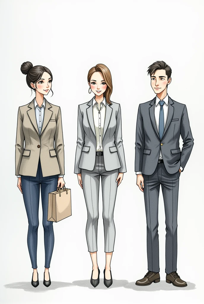 Create a drawing that represents a work environment, and shows employees dressing according to a specific dress code, as formal suits or business casual attire.