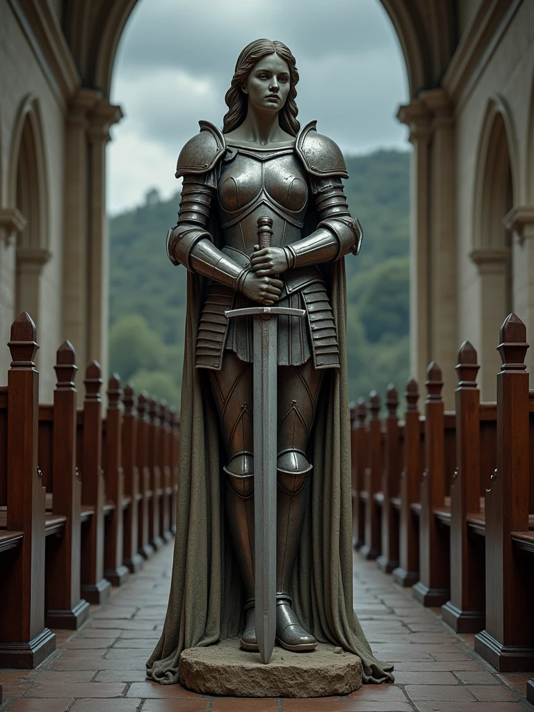 A striking interior of Gothic church scene with wooden church benches lining the walls. At the center of the frame, a powerful and beautiful female warrior statue, heavily armored and leaning on a long, double-edged sword. The statue is weathered and has a wise, determined expression. The sky is overcast, and the overall atmosphere is one of quiet strength and resilience.