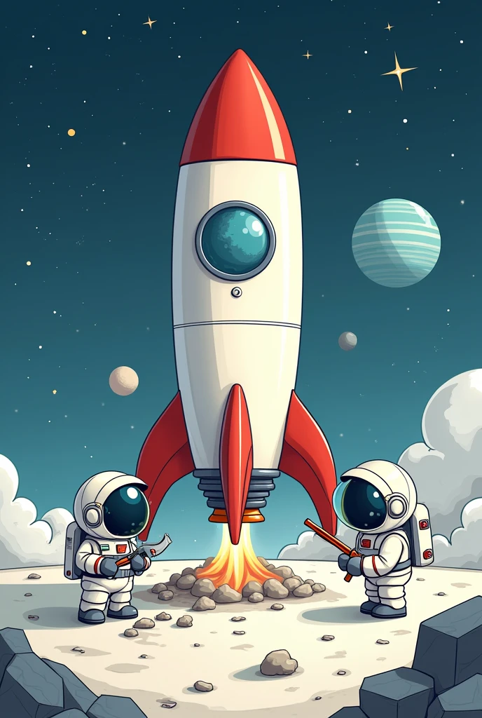 Create cartoon drawing of astronauts using tools to fix a rocket on the moon. are cheerful, positioned at different levels under the bodywork of the spacecraft, which emits smoke at some points. In the background the sky with stars and planets.