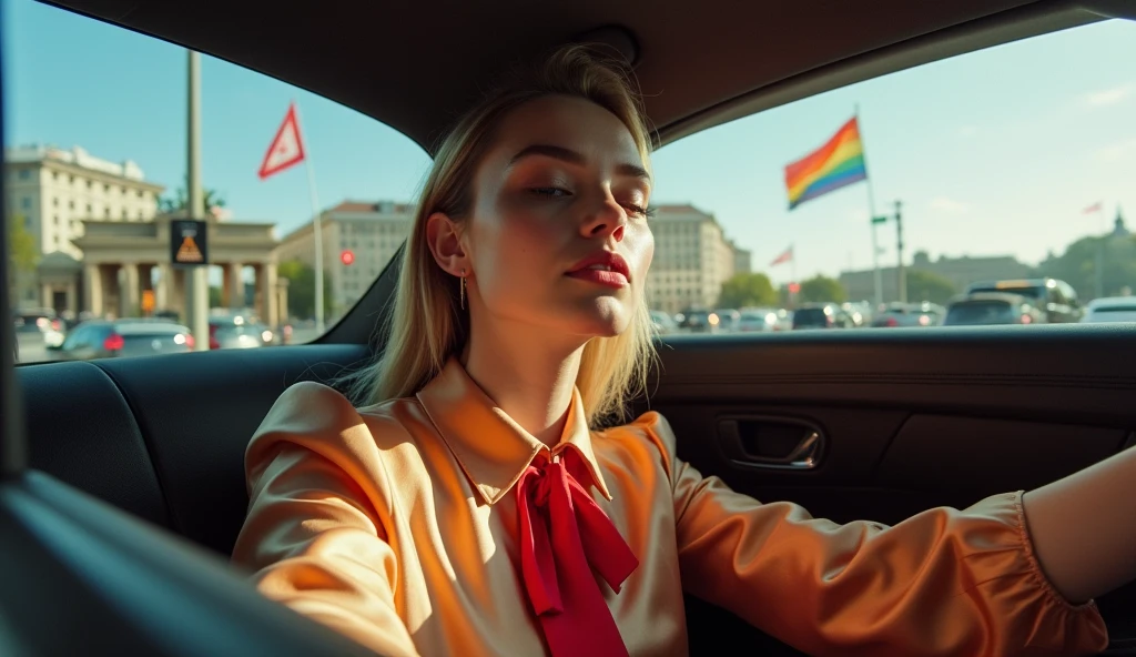 selfie photo of a androgynous lady in a car, wearing a glamorous satin blouse with red tie, city of berlin and lgbt flags in the background, uploaded to Instagram